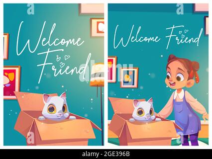 Affiches d'amis de bienvenue avec chat en boîte et fille Illustration de Vecteur