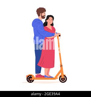 Un couple se déplace ensemble sur un scooter électrique de marche. Illustration de Vecteur