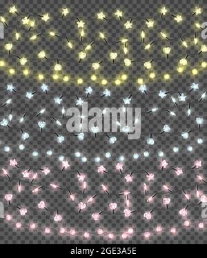 Guirlande de couleurs réalistes, décorations de fête. Lumières de noël brillantes isolées sur fond transparent. Illustration de Vecteur