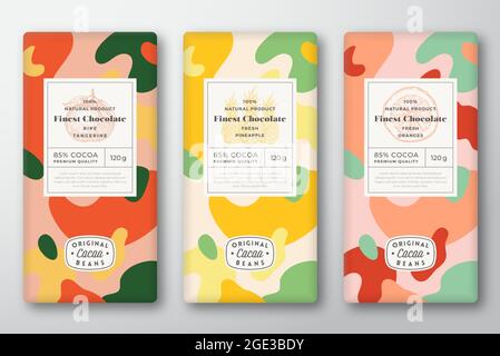 Ensemble d'étiquettes chocolat. Résumé Vector Packaging Design Layouts Collection. Typographie moderne, Tangerine dessinée à la main, Orange, Pineapple Sketches et Illustration de Vecteur
