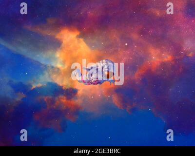 L'astronaute vole dans un espace profond. Fond de nébuleuse coloré. Rendu 3D Banque D'Images
