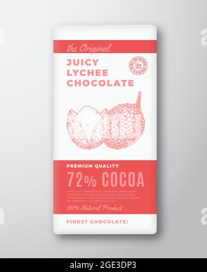 L'étiquette originale de l'emballage vectoriel en chocolat de qualité supérieure. Typographie moderne et dessin à la main Lychee fruit Silhouette arrière-plan Illustration de Vecteur