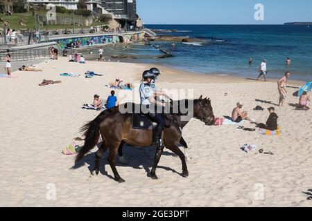 Sydney, Australie. Lundi 16 août 2021. La patrouille de police montée Bondi Beach, car les restrictions COVID-19 ont été renforcées dans toute la Nouvelle-Galles du Sud. À partir de minuit le lundi 16 août, la règle de voyage de 10 km a été réduite à 5 km. Cela signifie que les résidents ne peuvent parcourir que 5 km de leur maison pour faire de l'exercice ou faire du shopping. Crédit : Paul Lovelace/Alamy Live News Banque D'Images