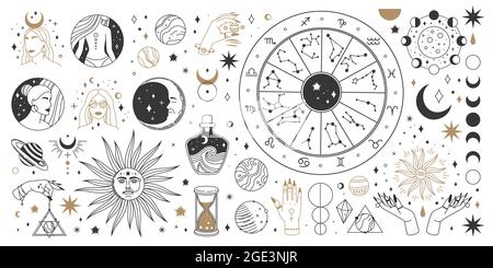 Astrologie mystique, éléments célestes boho et occultes magiques. Ensemble de symboles sacrés mystiques de lune, de soleil, d'étoile, de zodiaque et de vecteurs de constellation. Éléments mystiques et ésotériques pour l'astrologie Illustration de Vecteur