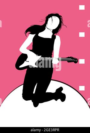 Composition de la femme jouant de l'icône de guitare sur fond rose Banque D'Images