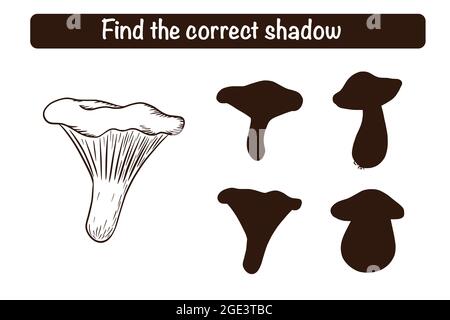 Trouvez le bon jeu éducatif Chanterelle Silhouette pour enfants.Activité d'appariement des ombres pour les enfants aux champignons comestibles.Puzzle préscolaire.Feuille de travail pédagogique Illustration de Vecteur