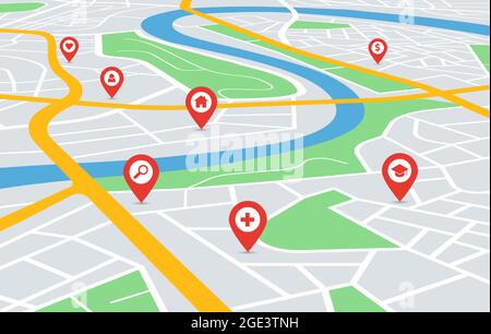 Navigation par carte de ville en perspective avec pointeurs de pin. Navigateur gps urbain de rues du centre-ville avec illustration vectorielle de marqueurs de position rouges. Routes et zones résidentielles avec des marques d'hôpital, d'école et de maison Illustration de Vecteur