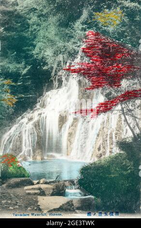 Ancienne carte postale japonaise, couleur main de la chute d'eau de Tamadaare près de Hakone au Japon. Vers 1900 - 1910. Chutes en cascade sur des rochers entourés d'arbres. Banque D'Images