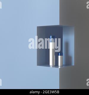 Emballage de déodorant en métal vierge sur fond géométrique moderne. Récipients métalliques en aérosol déodorant, podium géométrique tendance avec espace de copie. 3d ren Banque D'Images