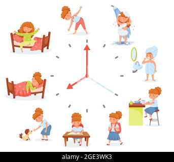 Dessin animé mignonne école fille activités quotidiennes de routine. Exercice pour les enfants, aller à l'école. Illustration vectorielle de l'hygiène des enfants et de l'horaire quotidien. Grande horloge avec des habitudes et un caractère féminin joyeux Illustration de Vecteur