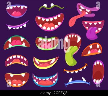 Caricature halloween effrayante bouche de monstre avec dents et langue. Monstres amusants personnages expressions, créatures à bouche ouverte avec ensemble de vecteurs fangs. Des aliens hauts en couleur sur les lèvres montrant la langue Illustration de Vecteur