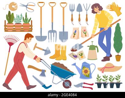 Jardiniers avec équipement et outils de jardinage, éléments horticoles, plantes. Pelle, arrosoir, graines. Personnes prenant soin de l'ensemble de vecteur de jardin à l'aide de brouettes et d'outils de culture Illustration de Vecteur