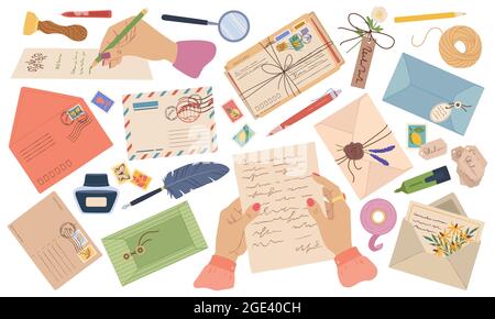 Enveloppes, lettres, courrier papier, cartes postales avec timbres et posters. Mains écrivant la lettre. Enveloppe cirée avec fleurs, ensemble de cartes à poster vectorielles. Femme tenant du papier avec du texte et de la papeterie Illustration de Vecteur