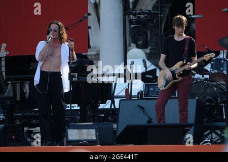 Le groupe Maneskin pendant le 'Aperol Happy togheter Live à Venise, Italie, 1 juillet 2019 Banque D'Images