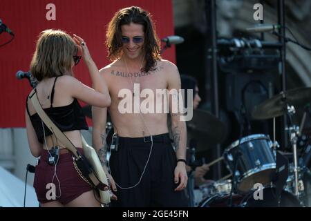 Le groupe Maneskin pendant le 'Aperol Happy togheter Live à Venise, Italie, 1 juillet 2019 Banque D'Images