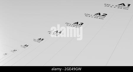 Formats de papier de la série a internationale, de l'image d'arrière-plan A1 à A7 avec lettrage noir et bannière d'arrière-plan 3D texturée blanche. Banque D'Images