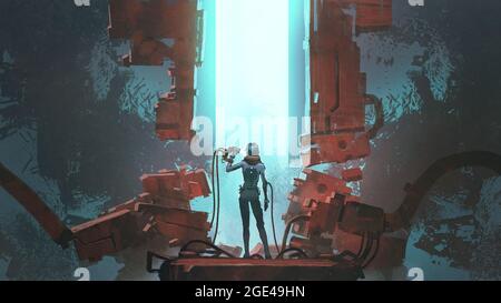 Une femme utilise un outil futuriste pour se connecter à son corps, style d'art numérique, peinture d'illustration Banque D'Images
