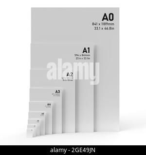 Formats de papier international DE la série A de A0 à A8, avec texte noir imprimé sur papier blanc texturé et isolé sur fond blanc. Eclairage 3D Banque D'Images