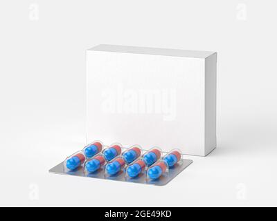 Gros plan d'une boîte de médicament vierge avec un blister pharmaceutique contenant dix capsules isolées sur du blanc. Illustration 3d photoréaliste Banque D'Images