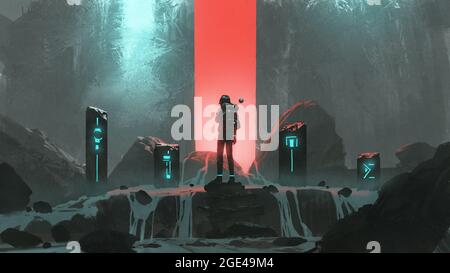 homme debout sur les pierres sacrées et regardant la lumière rouge devant lui, style d'art numérique, peinture d'illustration Banque D'Images