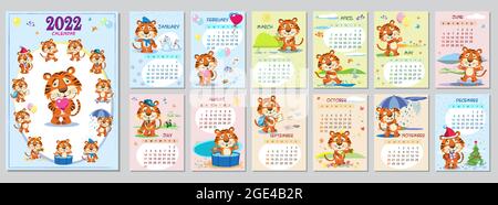 Modèle de calendrier mural mignon de tigre pour 2022, année du tigre, Calendrier chinois, A4. La semaine commence le dimanche. Dessin animé, joli personnage et motif plat Illustration de Vecteur