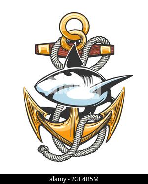 Tatouage d'ancrage de navire avec des Ropres et le Grand requin isolés sur blanc. Illustration vectorielle. Illustration de Vecteur