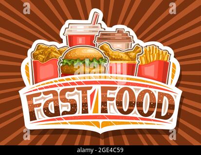 Logo Vector pour Fast Food, panneau d'affichage en papier découpé pour les cafés américains avec illustration des morceaux de poulet rôtis dans un seau en carton rouge, hamburger de poulet Illustration de Vecteur