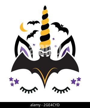 Belle tête de licorne avec serre-tête sorcière halloween, visage de licorne avec chauves-souris. Illustration vectorielle pour le motif carte et chemise pour les vacances d'automne. Heureux Illustration de Vecteur