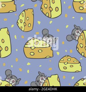 Motif vectoriel sans couture avec souris et fromage. Une petite souris mignonne mange du fromage. Illustration de Vecteur