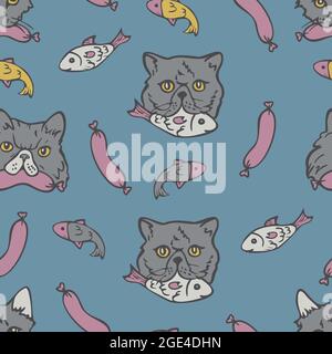 Motif vectoriel sans couture avec visages de chats et leurs aliments préférés. Chats, poissons et saucisses sur fond bleu. Illustration de Vecteur