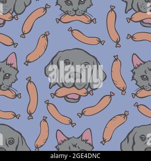 Motif vectoriel sans couture avec des chats et des chiens visages avec des saucisses dans leur bouche. Design amusant avec animaux de compagnie. Illustration de Vecteur