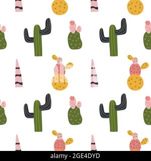 Motif Cactus sans couture dans un joli style de dessin animé. Brillant succulent pour la conception de surface. Répéter l'arrière-plan, texture du papier peint. Imprimé décoratif pour le tissu. Vêtements pour enfant. Illustration de Vecteur