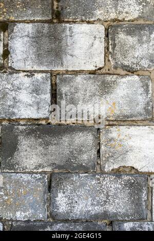 Vieux mur en brique grise de style rétro vintage dans la rue, décrépite avec le temps. Arrière-plan et texture de la brique abstraite. Tir vertical. Gros plan. À l'extérieur. Banque D'Images
