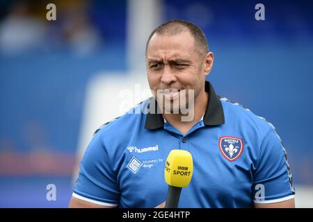 Wakefield, Angleterre - 15 août 2021 - Willie Poching entraîneur intérimaire de Wakefield Trinity parle aux médias pendant la Ligue de rugby Betfred Super League Wakefield Trinity vs Warrington Wolves au Mobile Rocket Stadium, Wakefield, UK Dean Williams Banque D'Images