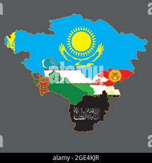 Carte de l'Asie centrale avec l'Afghanistan capturée par les Taliban. Au lieu du drapeau de l'Afghanistan, il y a un signe taliban sur le contour du pays Illustration de Vecteur