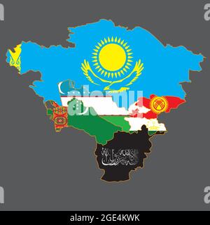 Carte de l'Asie centrale avec l'Afghanistan capturée par les Taliban. Au lieu du drapeau de l'Afghanistan, il y a un signe taliban sur le contour du pays Illustration de Vecteur