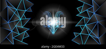 Grosse bête à cornes. Chèvre. Interprétation géométrique. Image d'arrière-plan en tons bleu néon. Vecteur Illustration de Vecteur