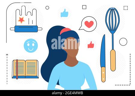 Cuisine, personnage de femme, outils de chef et icône de la ligne de livre de recettes isolée sur blanc Illustration de Vecteur