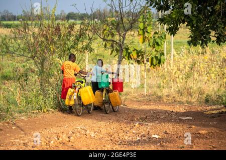 Mvomero, Washington, Tanzanie. 16 août 2021. Astelia Lawrence et Grace John, étudiants de l'orphelinat EMFERD (Fondation Eric Memorial pour l'éducation et la réhabilitation des handicapés) à Mvomero, Tanzanie, poussent leur vélo pour aller chercher de l'eau.deux sources d'eau, une rivière et un puits, sont à plus d'un kilomètre du dortoir des filles. Chaque résident transporte jusqu'à 20 litres d'eau par jour pour répondre aux besoins de l'orphelinat. Crédit : ZUMA Press, Inc./Alay Live News Banque D'Images