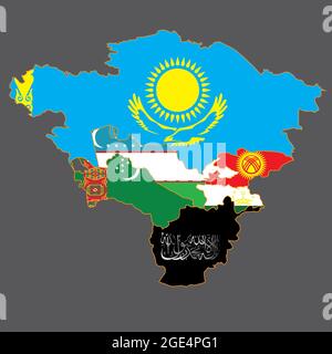 Carte de l'Asie centrale avec l'Afghanistan capturée par les Taliban. Au lieu du drapeau de l'Afghanistan, il y a un signe taliban sur le contour du pays Banque D'Images