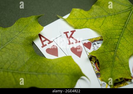 Cartes de poker d'automne jeu de coeur AK avec feuilles vertes Banque D'Images