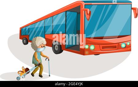 Image vectorielle d'une femme âgée dans un masque médical avec des bagages sur roues marchant vers le bus. Concept. Style de dessin animé. SPE 10 Illustration de Vecteur