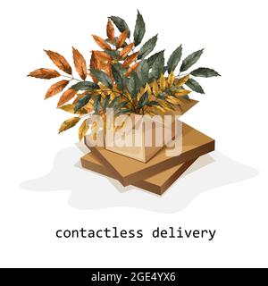 Image vectorielle d'une boîte en carton ondulé avec branches d'une plante avec une inscription isolée sur fond blanc. Concept. SPE 10 Illustration de Vecteur