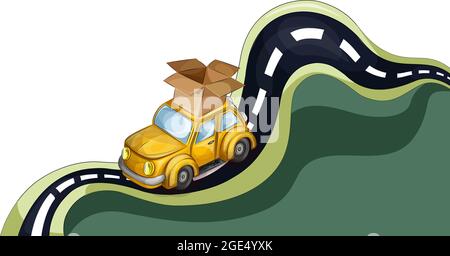 Image vectorielle d'une voiture en transit avec une boîte ouverte sur le toit et un endroit pour votre inscription. Style de dessin animé Illustration de Vecteur