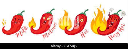 Illustration vectorielle St d'un piment épicé à la flamme. Piment rouge pour la cuisine mexicaine ou thaïlandaise. Dessins animés différents piments rouges. Illustration de Vecteur