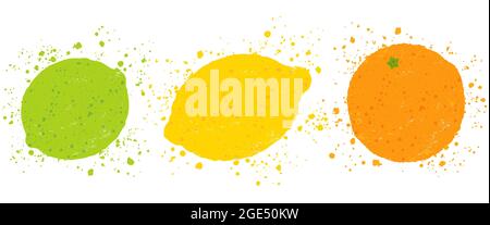 Illustration vectorielle de citron, d'orange et de citron vert dans un style vintage. Citron juteux vectoriel, orange et citron vert en forme de grunge. Illustration de Vecteur