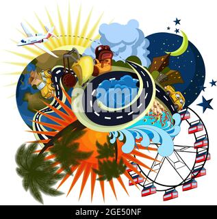 Image vectorielle du monde dans sa diversité et l'interconnexion et l'interaction des objets existants dans le monde: Transport et mouvement, voyage et Illustration de Vecteur