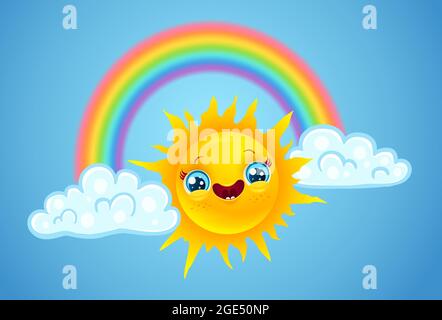 Illustration vectorielle d'un arc-en-ciel avec nuages et soleil dans le style kawaii. Soleil vectoriel et nuages avec arc-en-ciel sur ciel bleu. Illustration de Vecteur
