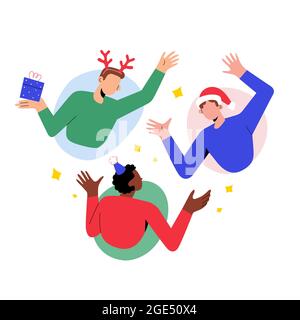 Fête de Noël en ligne, appel vidéo, amis joyeux célébrant la veille de Noël ou le nouvel an en utilisant la vidéo conférence, boire du champagne agitant Illustration de Vecteur
