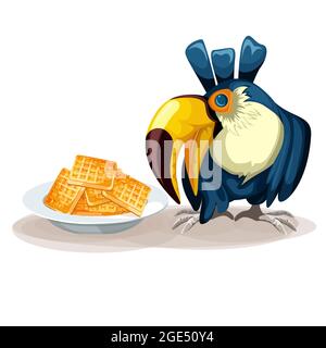 Image vectorielle d'une toucan sur fond blanc et d'une assiette avec gaufres prêtes à l'emploi. Concept. Style de dessin animé. SPE 10 Illustration de Vecteur